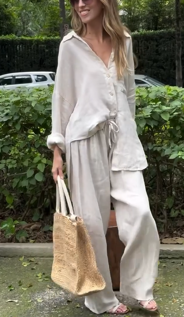 2025 Women's Cotton and Linen Casual V-Neck Shirt and Pants Set