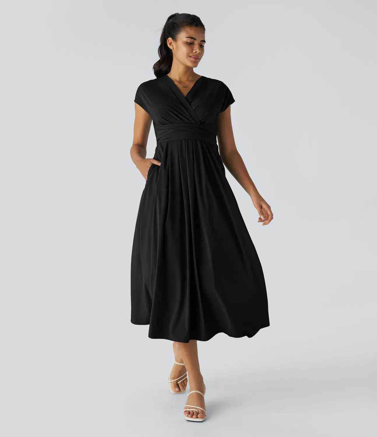 V-Neck Short Sleeve Side Pocket Tie Back Quick Dry Midi Casual Dress