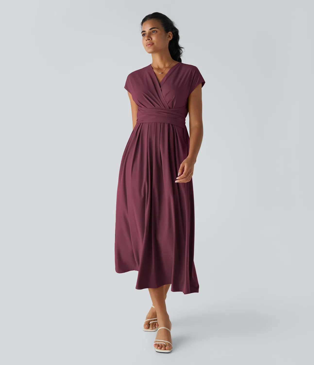 V-Neck Short Sleeve Side Pocket Tie Back Quick Dry Midi Casual Dress