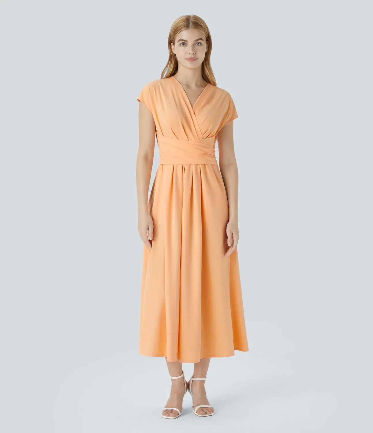 V-Neck Short Sleeve Side Pocket Tie Back Quick Dry Midi Casual Dress