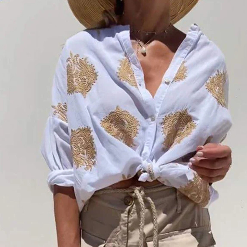 Summer women's 2025 cotton and linen printed lapel shirt