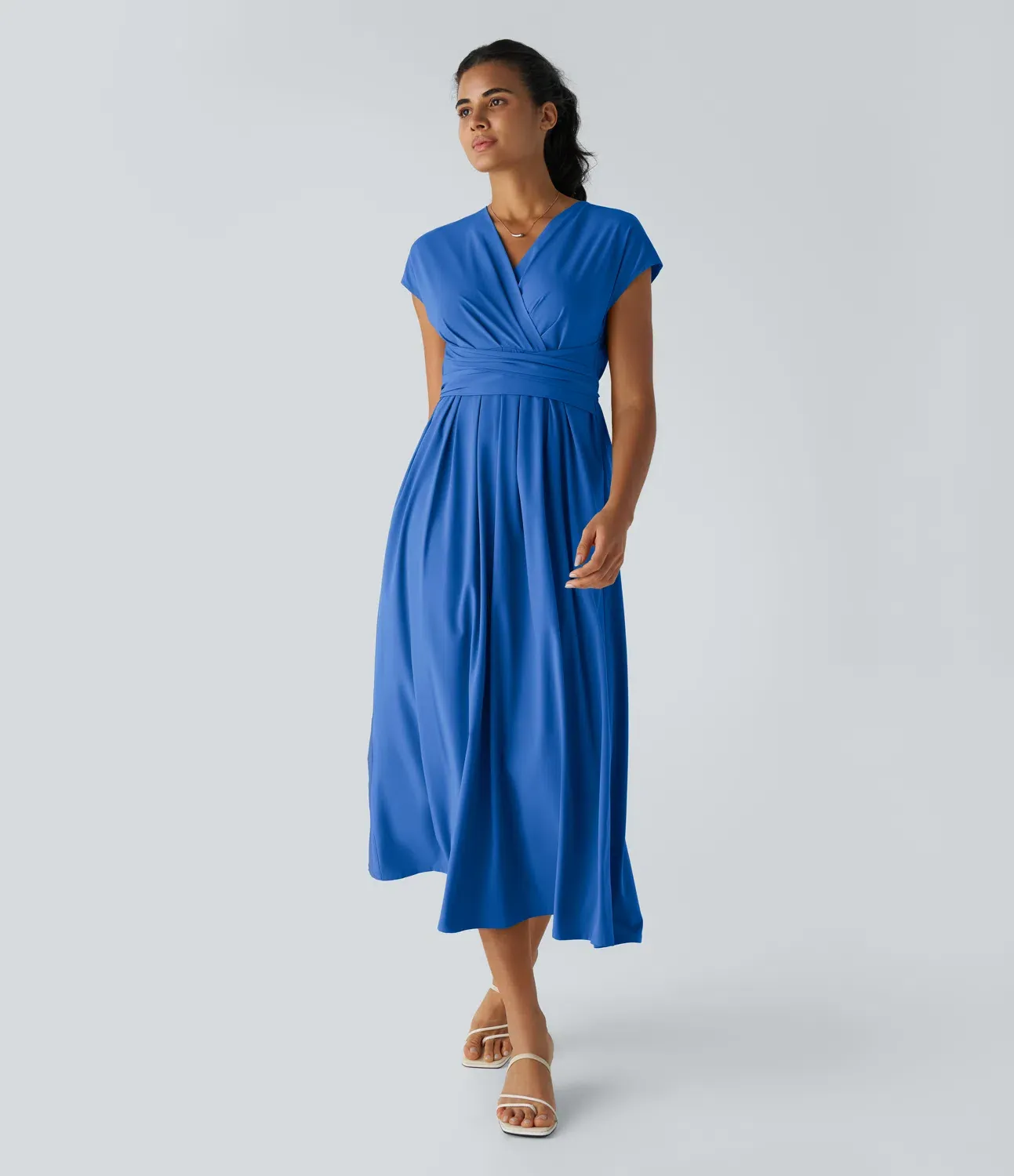 V-Neck Short Sleeve Side Pocket Tie Back Quick Dry Midi Casual Dress
