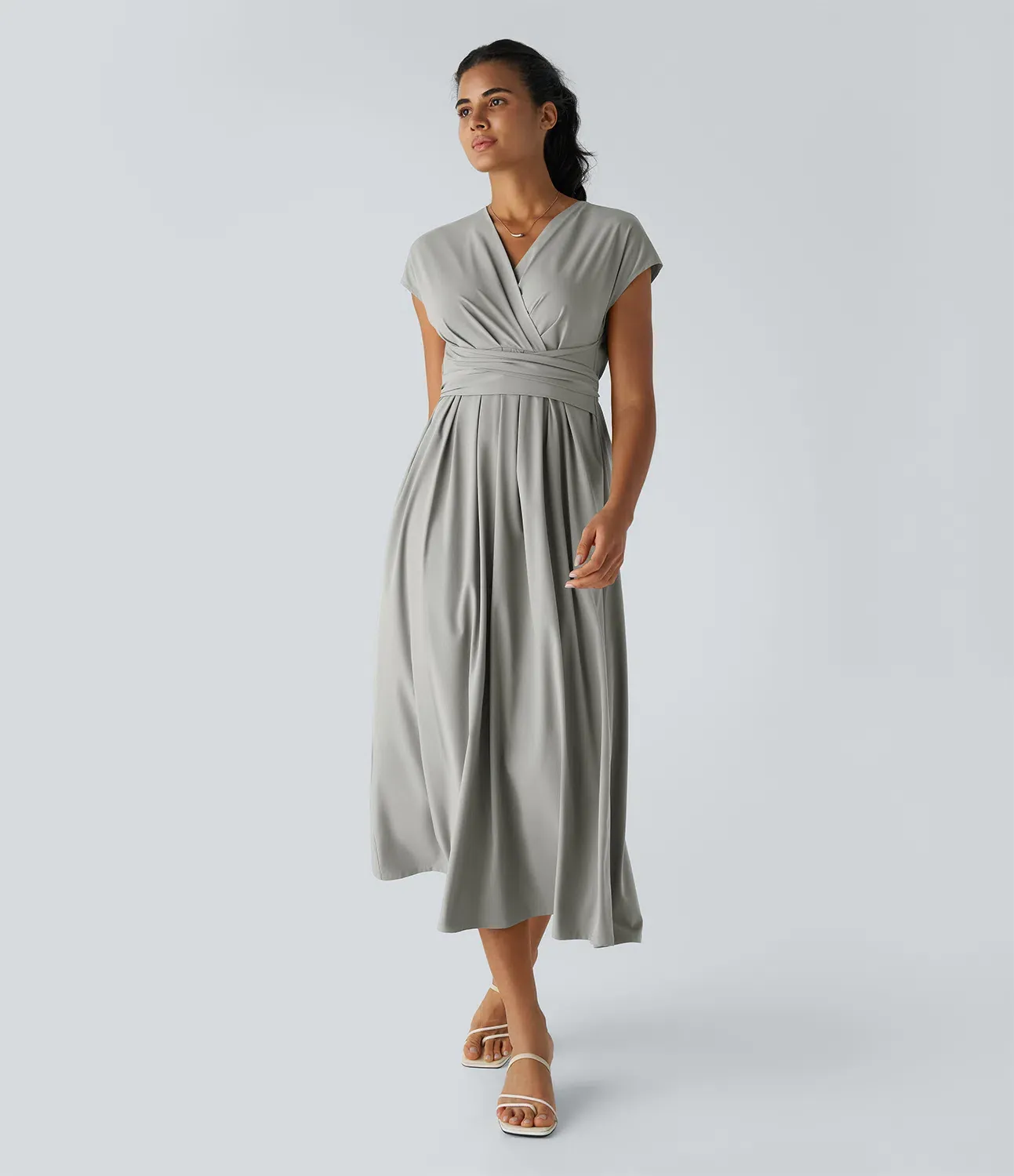 V-Neck Short Sleeve Side Pocket Tie Back Quick Dry Midi Casual Dress