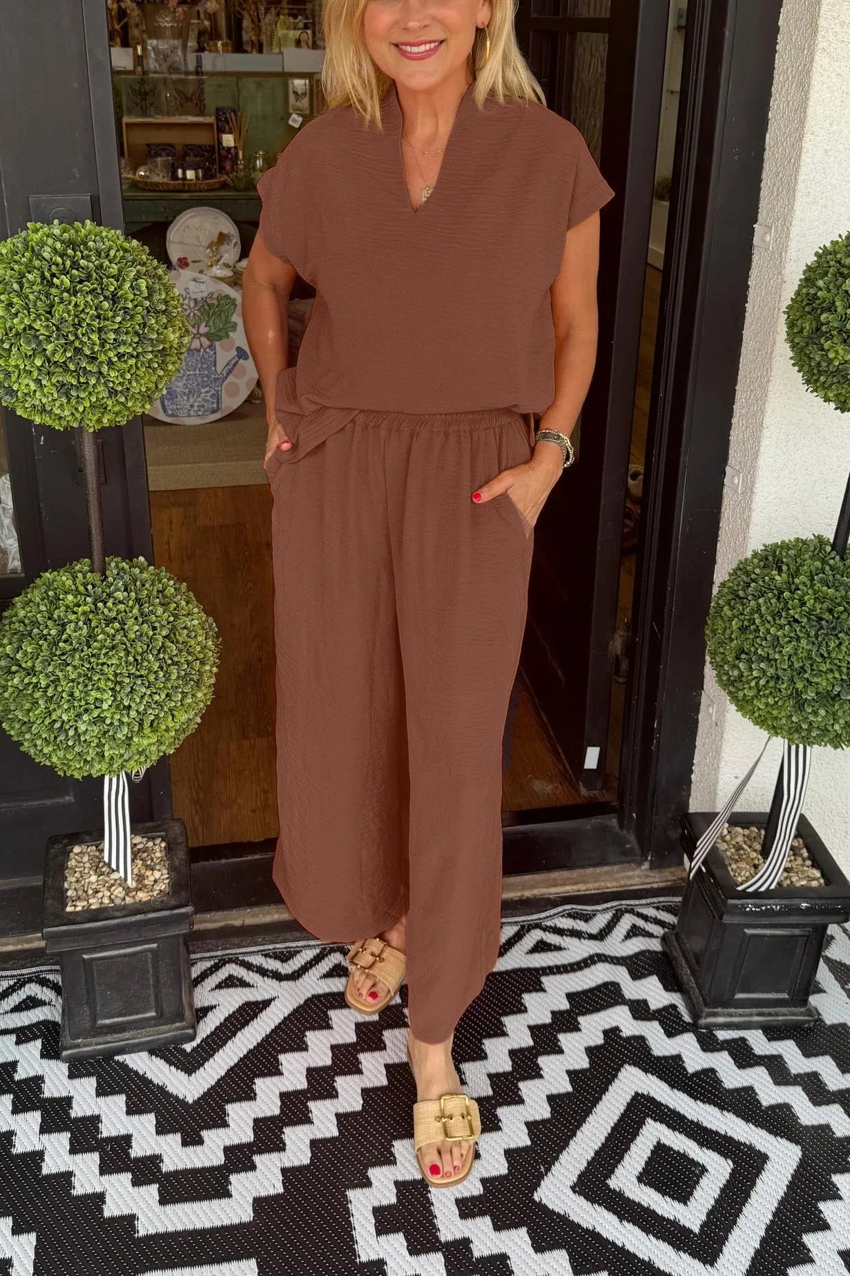 2025 News Women's Summer Casual Lightweight V-Neck Two piece Set(Buy 2 Free Shipping)
