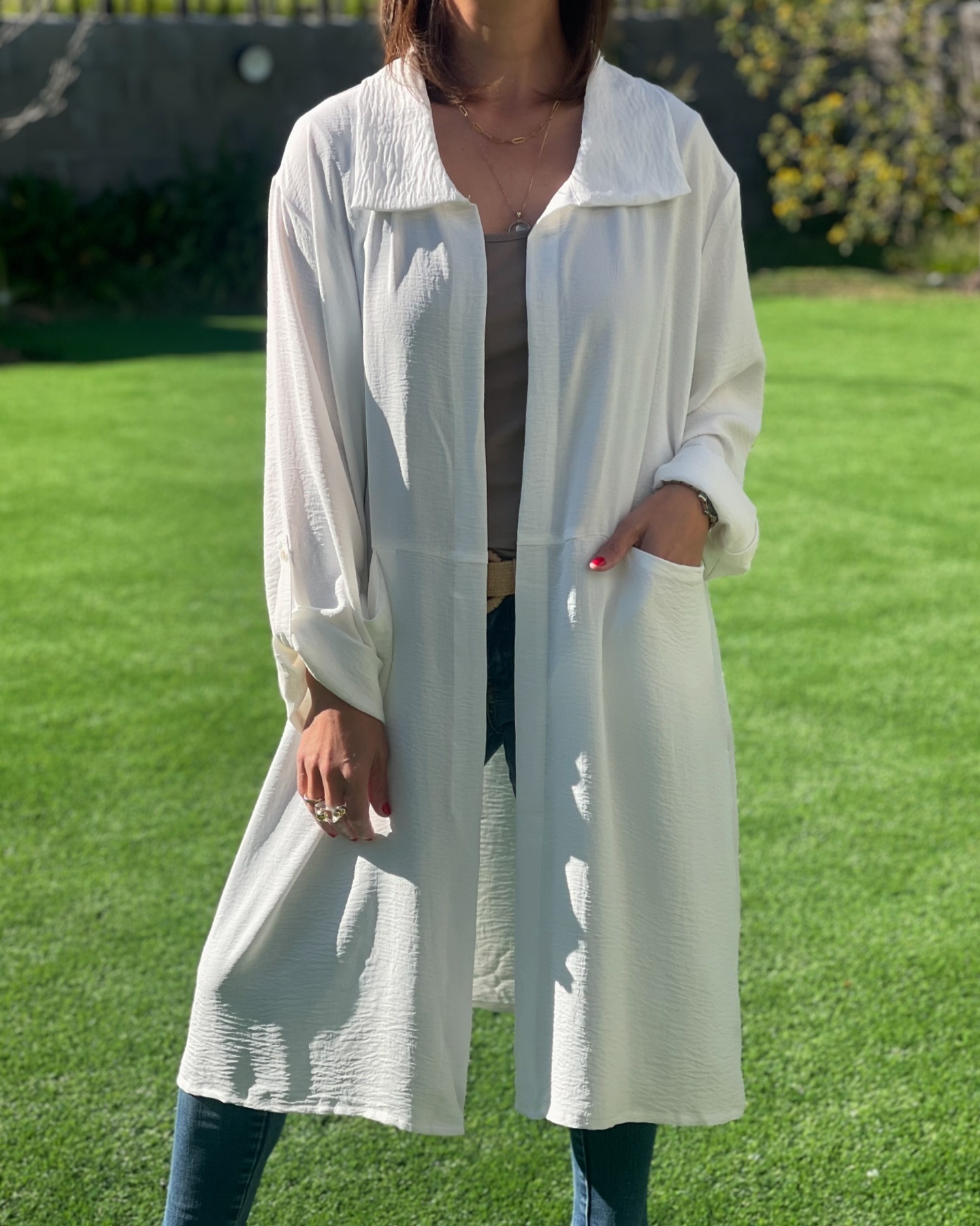 Women's Large Lapel Pocket Midi Cardigan Shirt