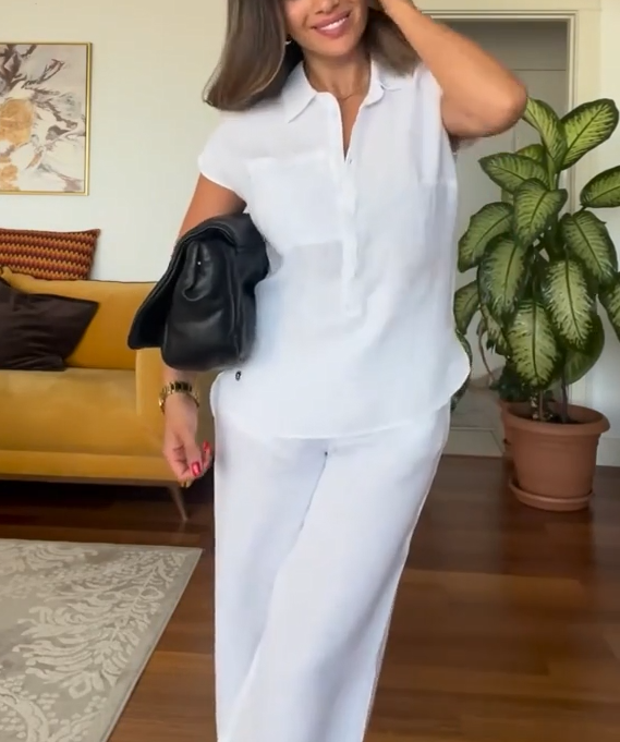 Women's Summer Linen casual shirt wide-leg pants two-piece suit