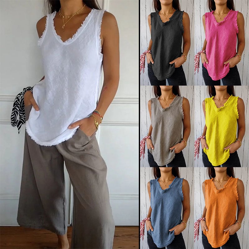 Summer women's cotton and linen V-neck raw edge design vest