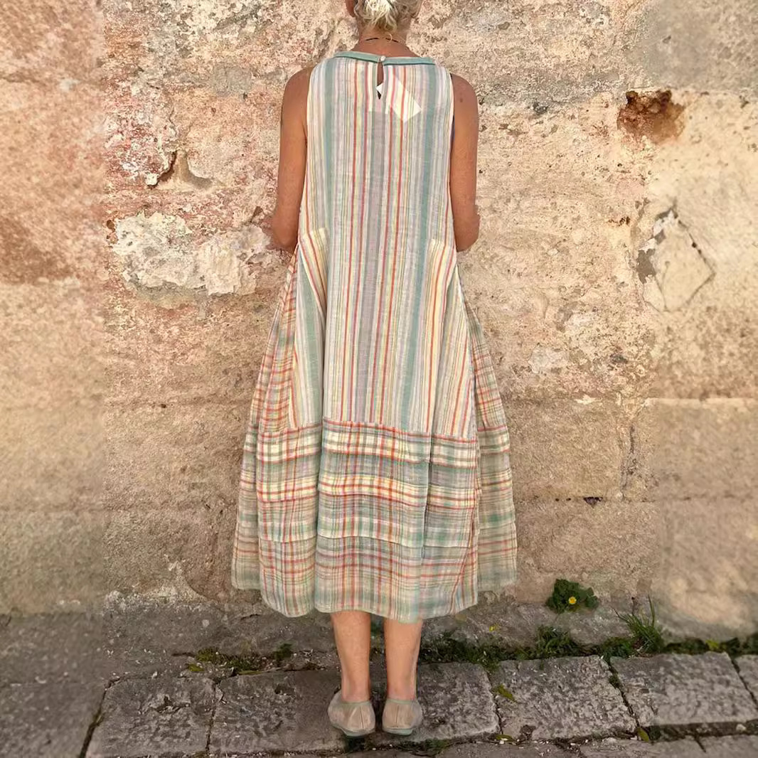 Ladies cotton and linen fresh sleeveless printed dress