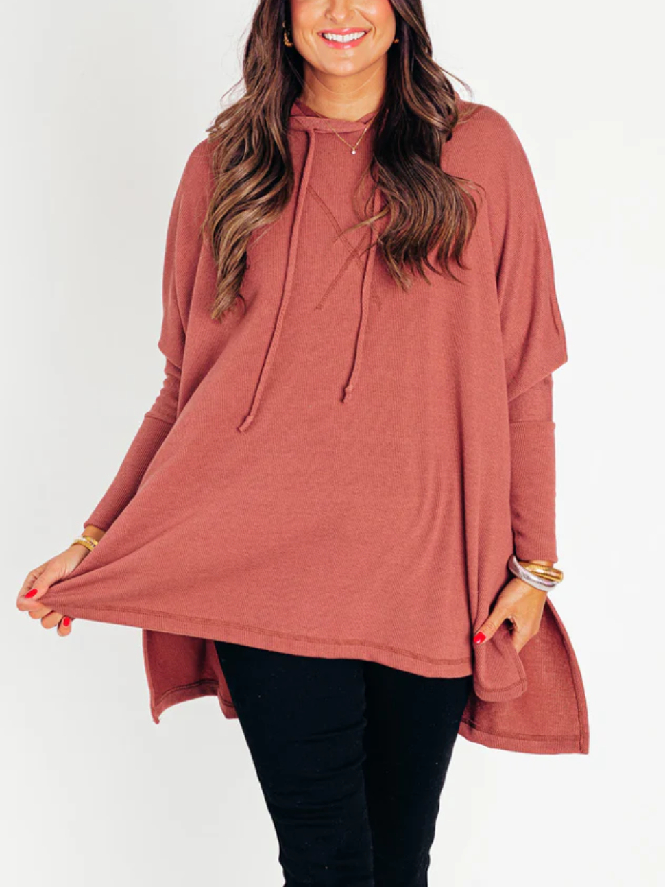 🍁Early Fall Oversized Bat Sleeve Hooded Ribbed Pullover