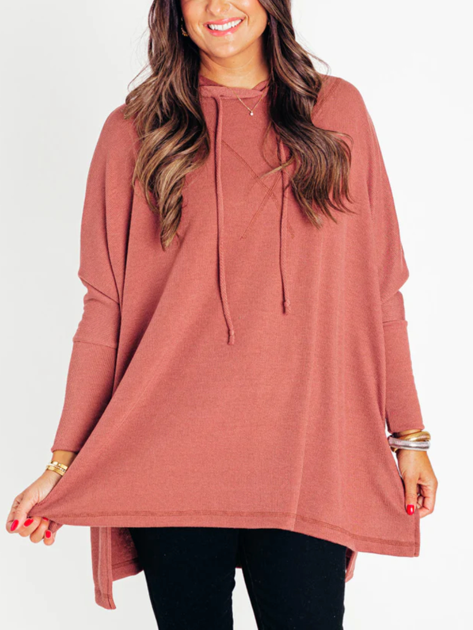 🍁Early Fall Oversized Bat Sleeve Hooded Ribbed Pullover