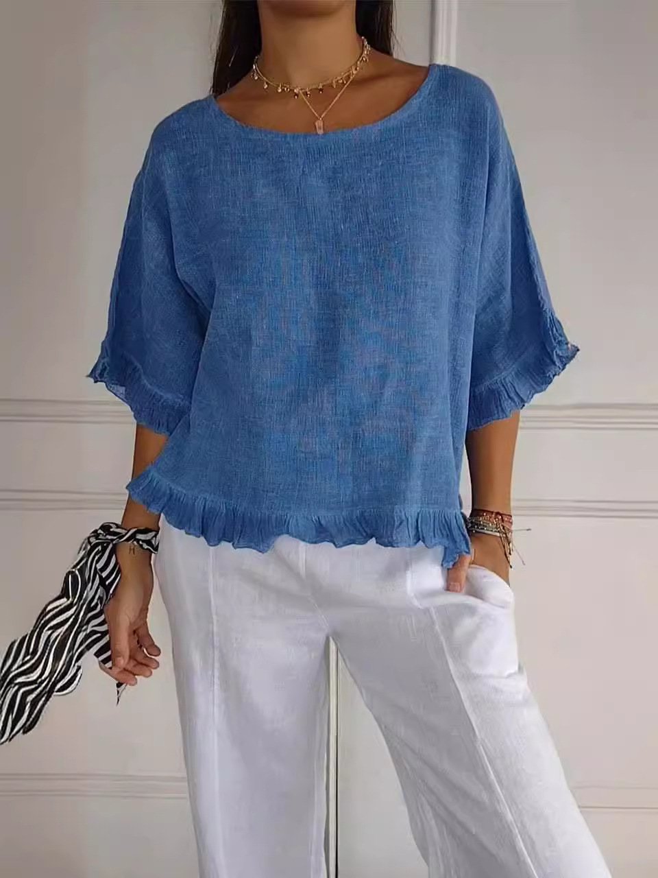 2025 New women's Round Neck Ruffled Hem Mid-sleeve Cotton and Linen Tops