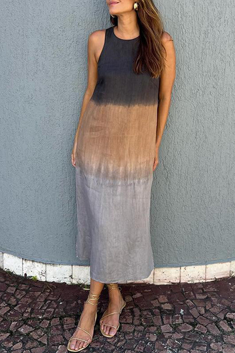 Women's casual cotton and linen sleeveless slit gradient tie-dye long dress（BUY 2 GRT FREE SHIPPING)