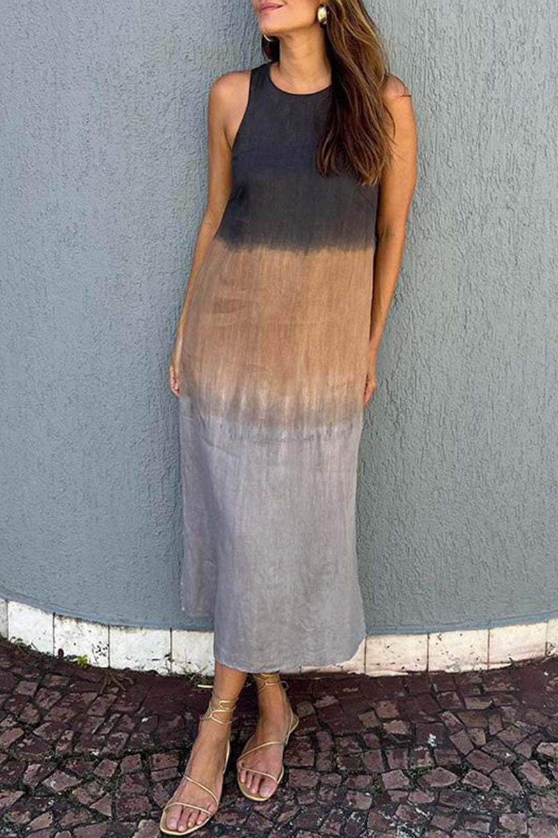 Women's casual cotton and linen sleeveless slit gradient tie-dye long dress（BUY 2 GRT FREE SHIPPING)