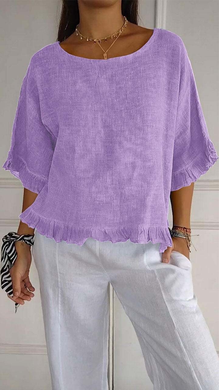 2025 New women's Round Neck Ruffled Hem Mid-sleeve Cotton and Linen Tops