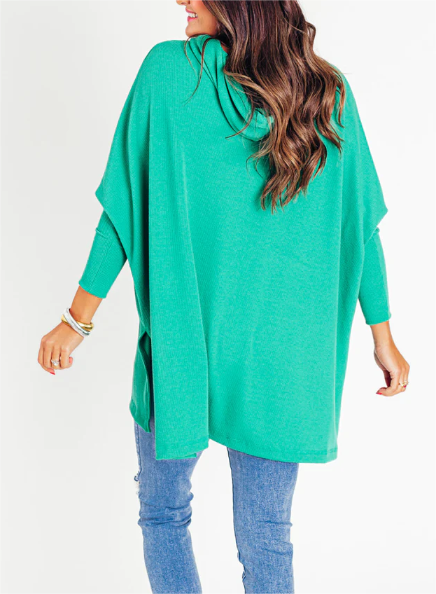 🍁Early Fall Oversized Bat Sleeve Hooded Ribbed Pullover