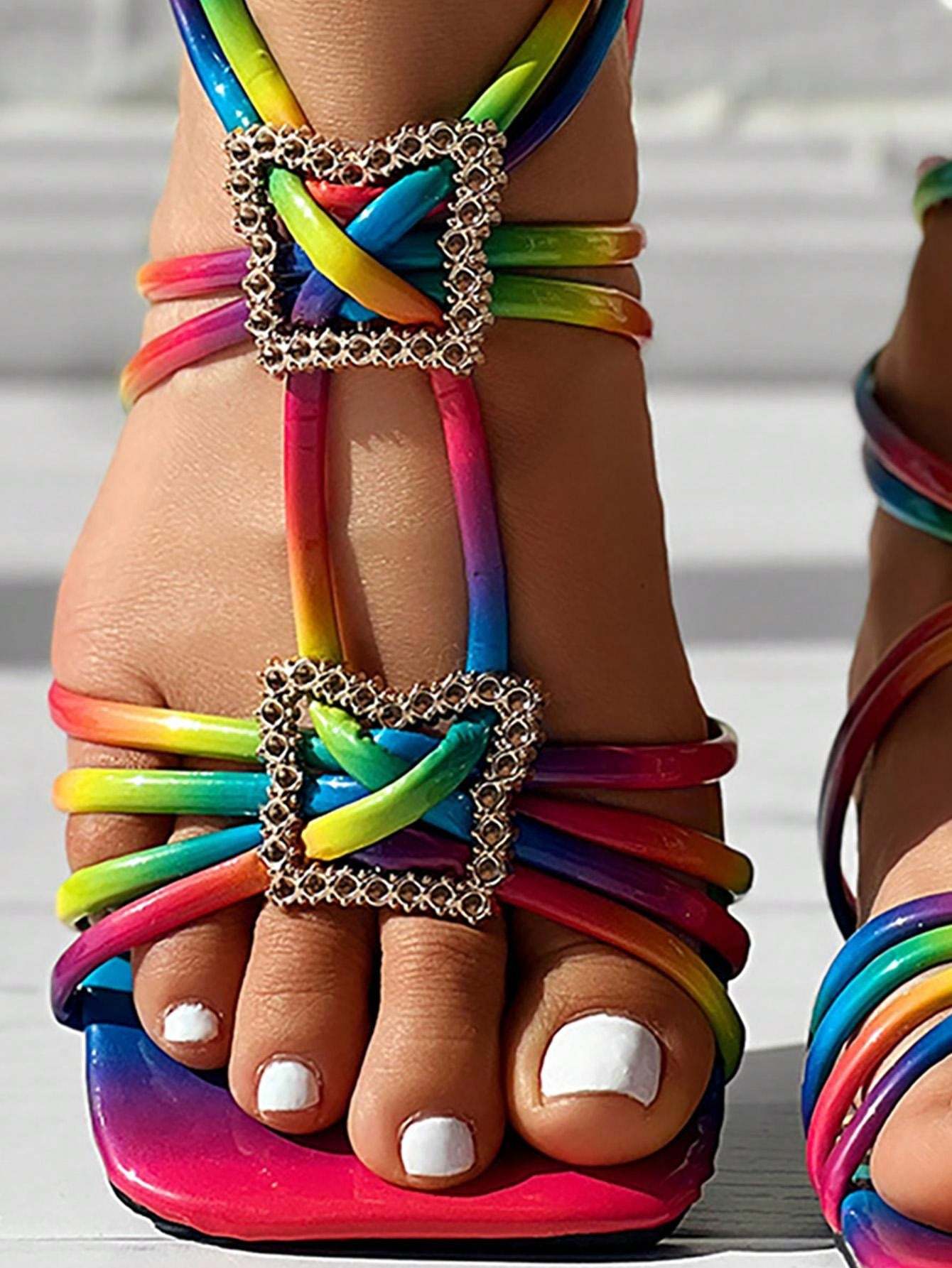 Women's Flat Gold Metal Strap Sandals, Metal Buckle Ankle Strap Design Vacation Beach Shoes, Summer Open Toe Heels