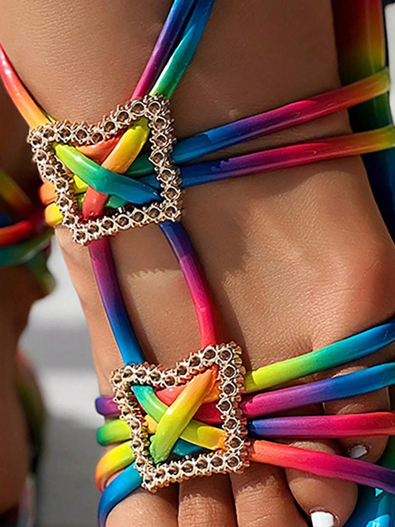 Women's Flat Gold Metal Strap Sandals, Metal Buckle Ankle Strap Design Vacation Beach Shoes, Summer Open Toe Heels