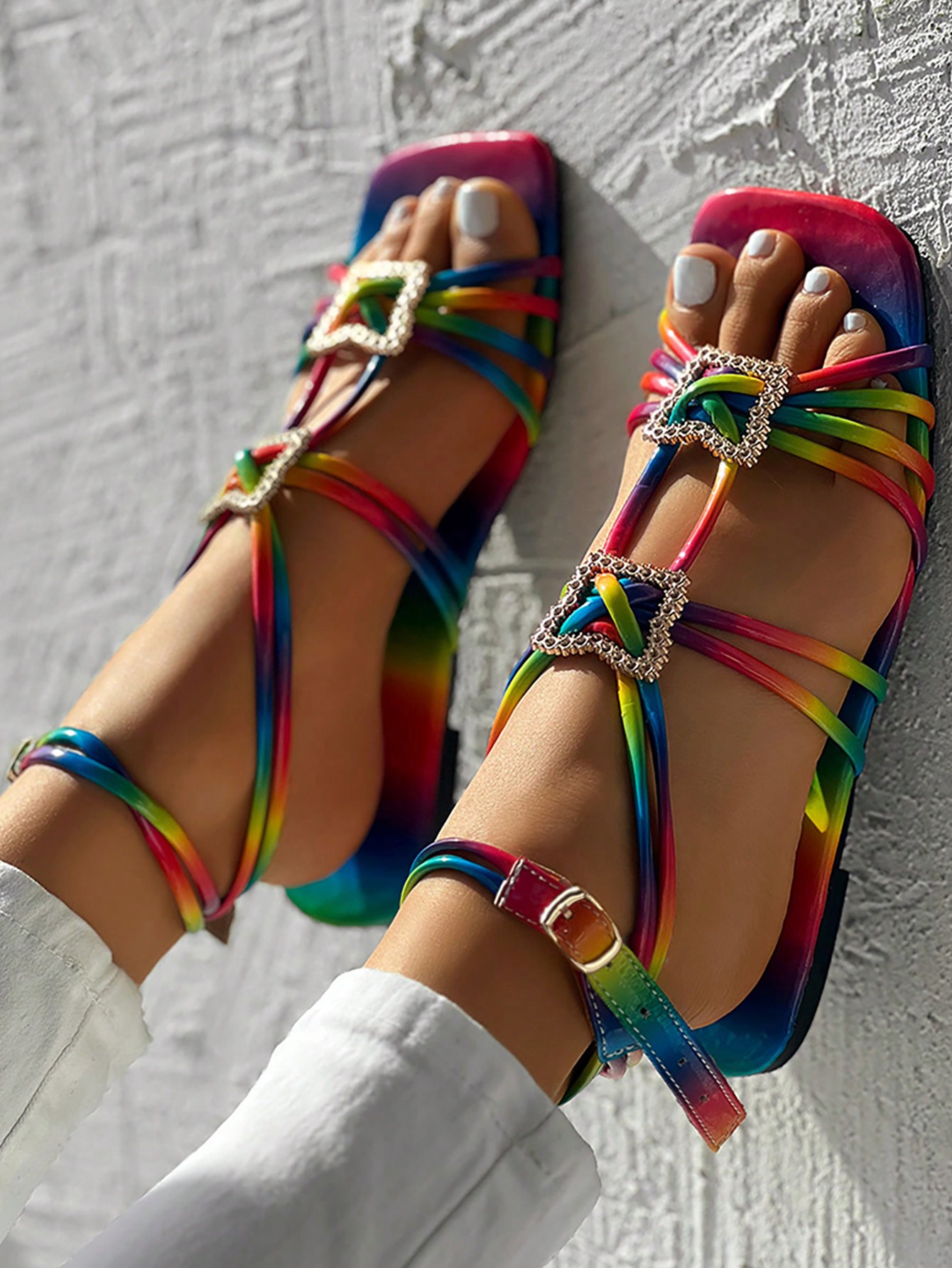 Women's Flat Gold Metal Strap Sandals, Metal Buckle Ankle Strap Design Vacation Beach Shoes, Summer Open Toe Heels