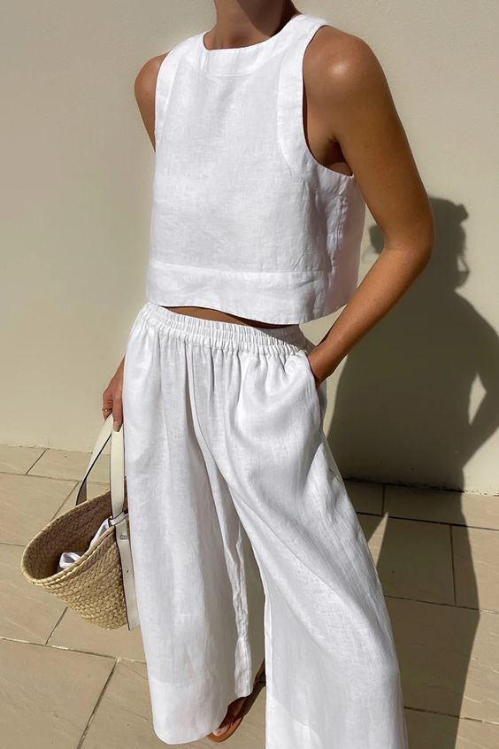 Casual Summer Two Piece Set Women Outfit 2024 White Solid Loose Tank Crop Top Wide Leg Pants Suits Chic And Elegant Woman Sets