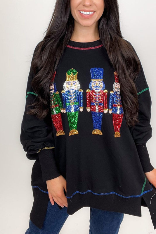 2024 Women's Christmas Sequin Printed Crew Neck Long Sleeve Shirt