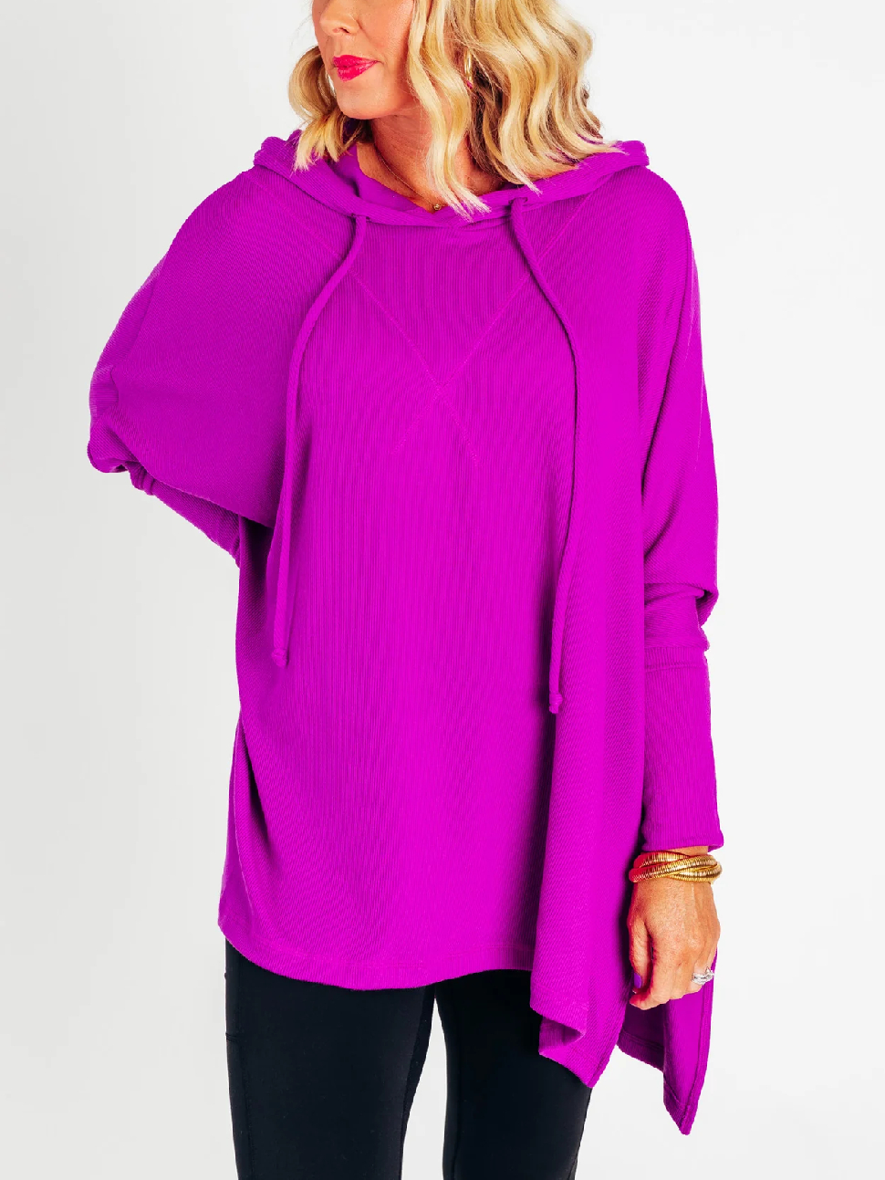 🍁Early Fall Oversized Bat Sleeve Hooded Ribbed Pullover