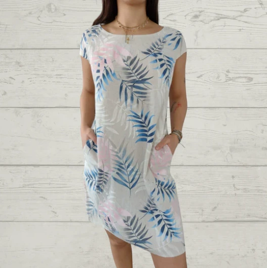 Ladies Casual Cotton and Linen Round Neck Printed Dress