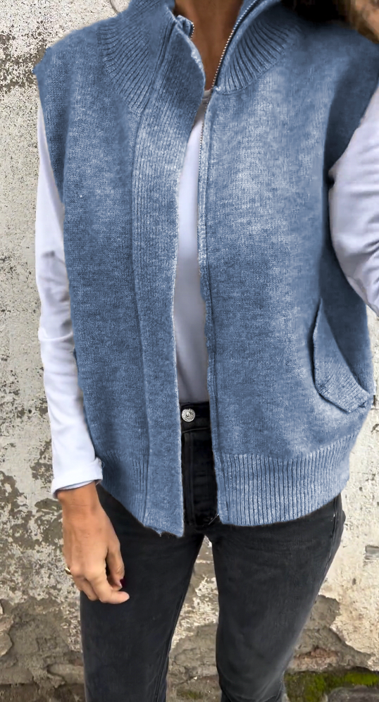 Ladies Half Turtleneck Zipper Cashmere Sweater Vest With Pocket