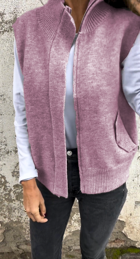 Ladies Half Turtleneck Zipper Cashmere Sweater Vest With Pocket