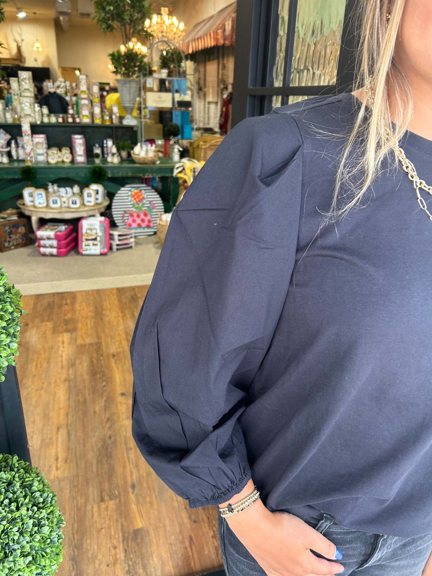 Solid color temperament puff sleeve half sleeve tops