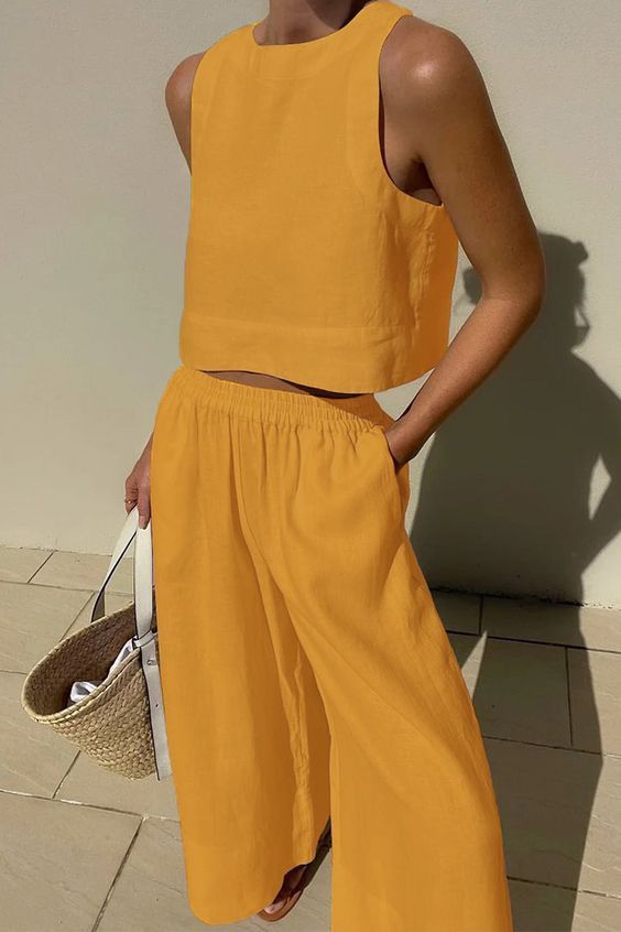 Casual Summer Two Piece Set Women Outfit 2024 White Solid Loose Tank Crop Top Wide Leg Pants Suits Chic And Elegant Woman Sets