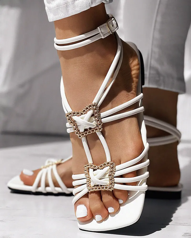 Women's Flat Gold Metal Strap Sandals, Metal Buckle Ankle Strap Design Vacation Beach Shoes