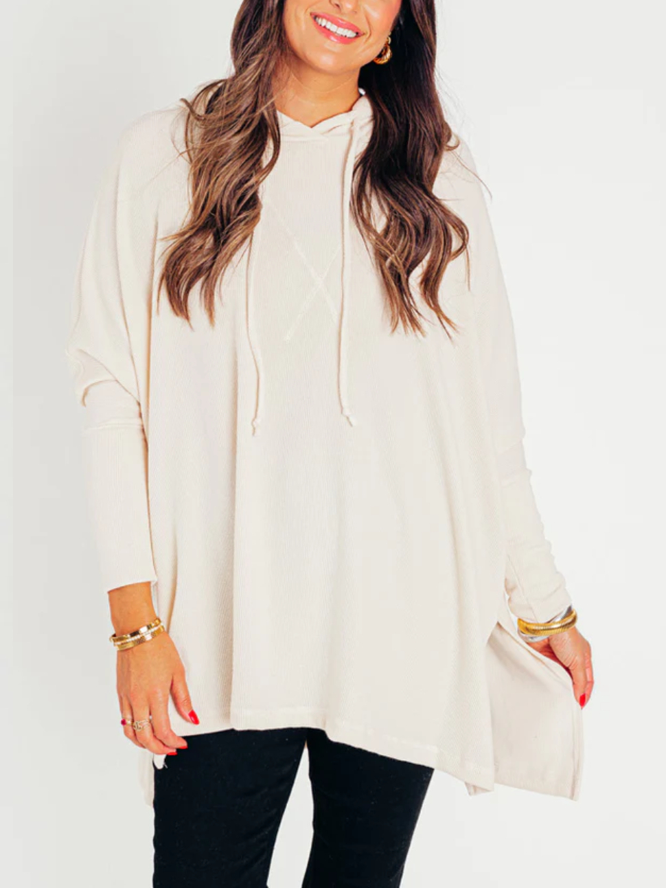 🍁Early Fall Oversized Bat Sleeve Hooded Ribbed Pullover