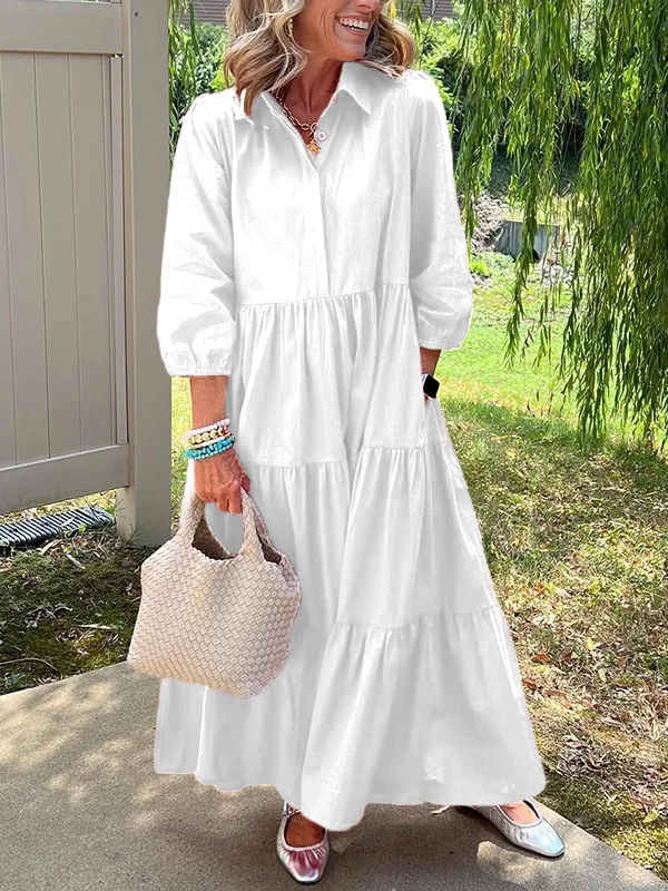 Women's spring and summer cotton and linen shirt dress