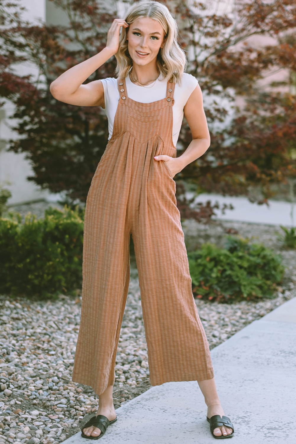 Brown/Coffee Striped Pleated Wide Leg Pocketed Jumpsuit