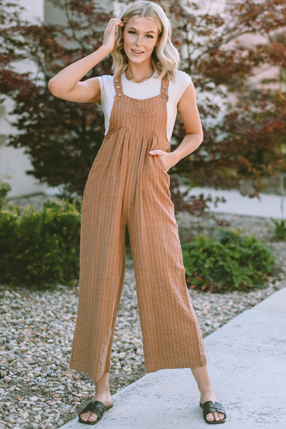 Brown/Coffee Striped Pleated Wide Leg Pocketed Jumpsuit