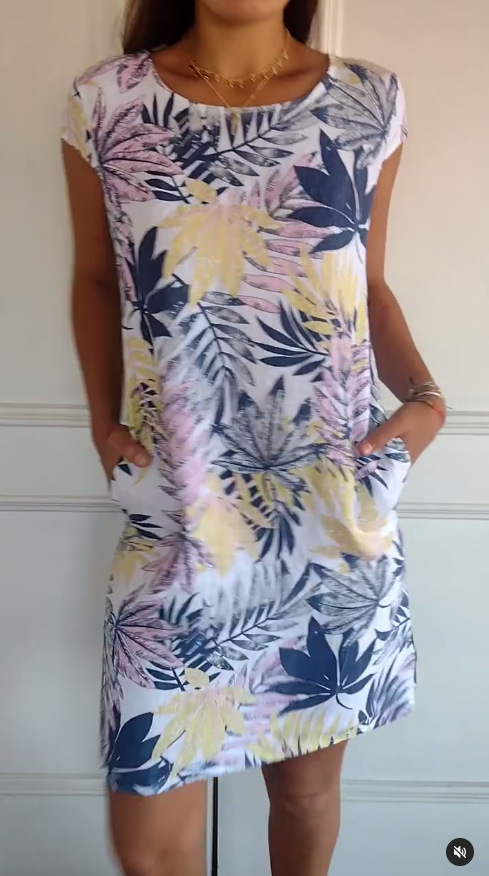 Ladies Casual Cotton and Linen Round Neck Printed Dress