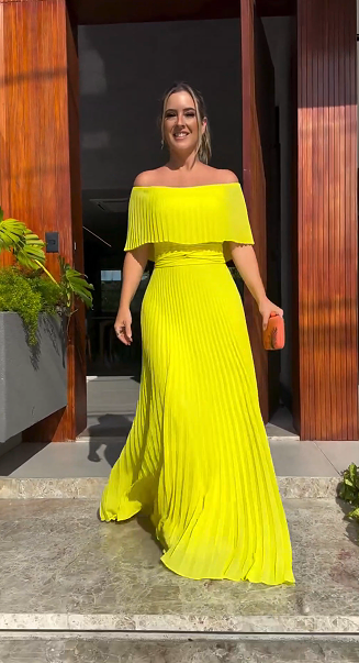 Women's News Pleated Flat shoulder sleeves Waist-Cinching Dress