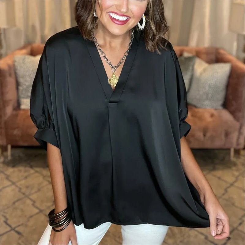 New Classic Silky Satin V-neck Short-sleeve Blouse