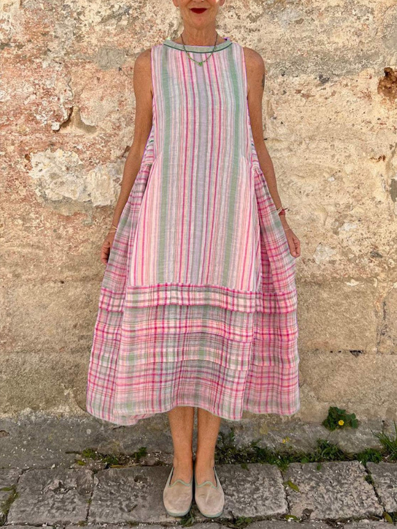 Ladies cotton and linen fresh sleeveless printed dress