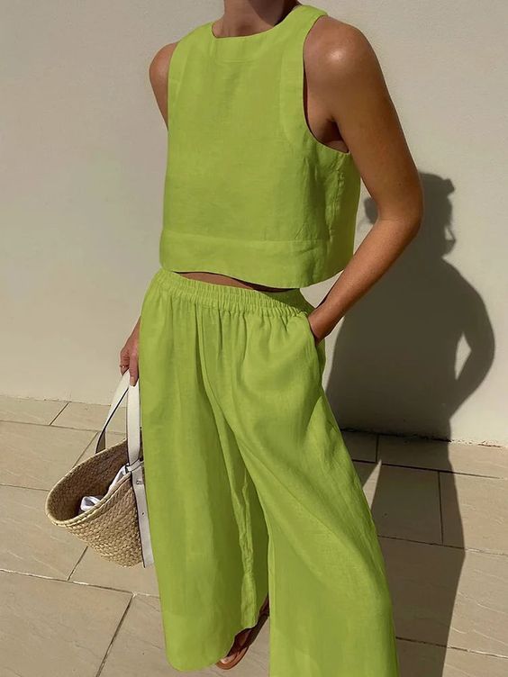 Casual Summer Two Piece Set Women Outfit 2024 White Solid Loose Tank Crop Top Wide Leg Pants Suits Chic And Elegant Woman Sets