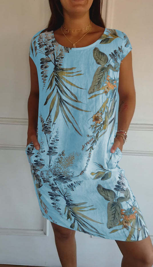 Ladies Casual Cotton and Linen Round Neck Printed Dress
