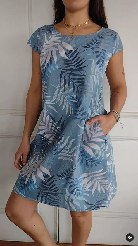 Ladies Casual Cotton and Linen Round Neck Printed Dress