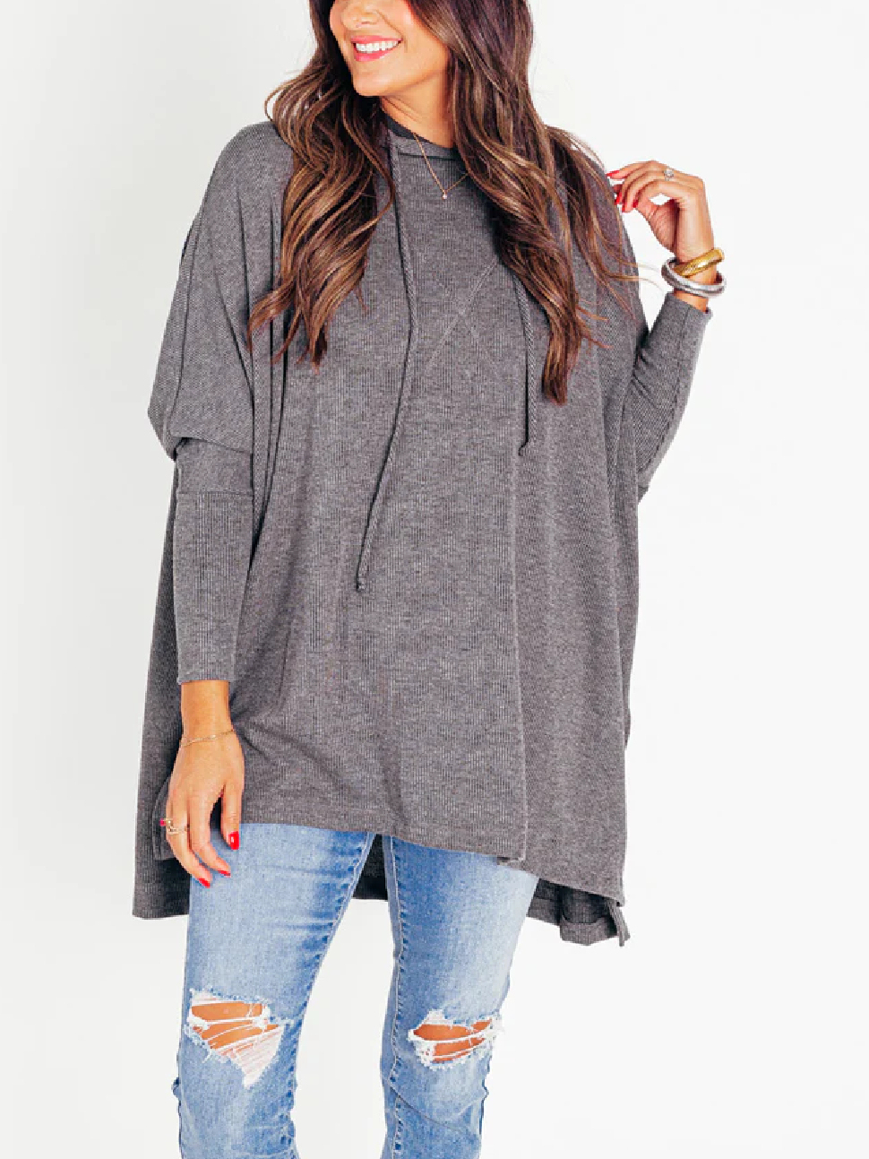 🍁Early Fall Oversized Bat Sleeve Hooded Ribbed Pullover