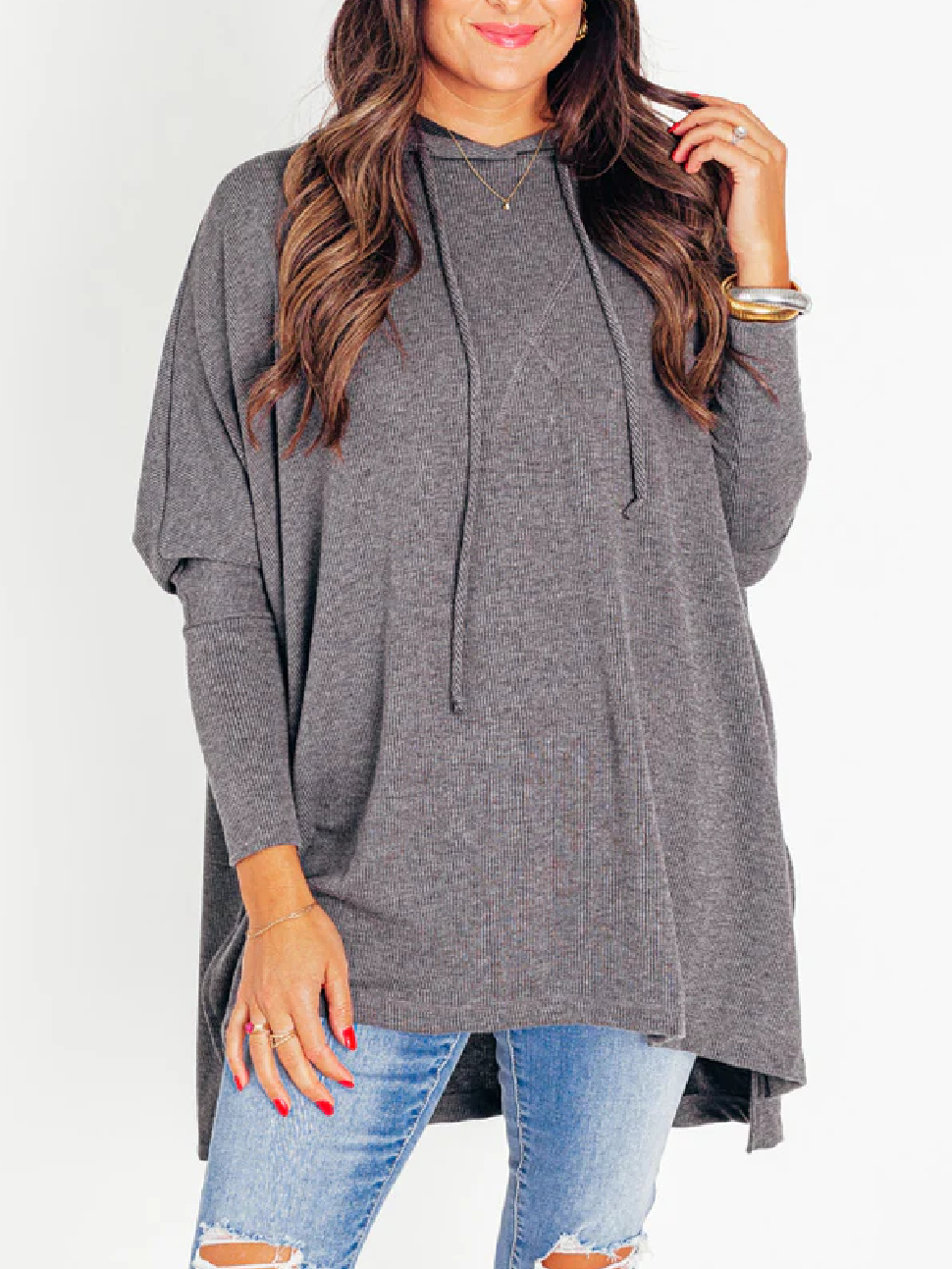 🍁Early Fall Oversized Bat Sleeve Hooded Ribbed Pullover