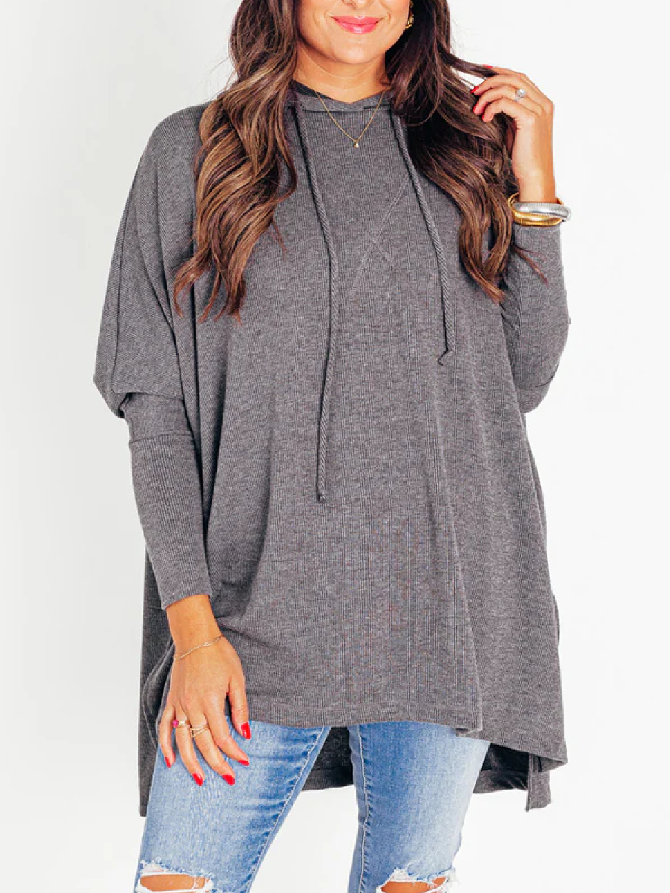 🍁Early Fall Oversized Bat Sleeve Hooded Ribbed Pullover