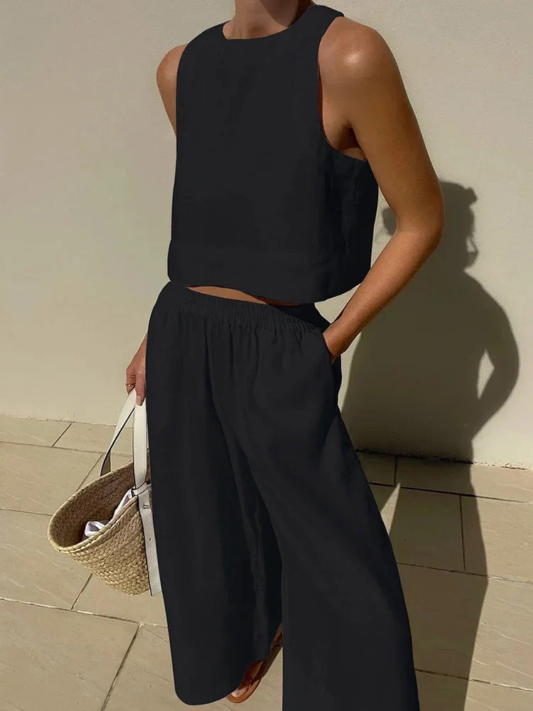 Casual Summer Two Piece Set Women Outfit 2024 White Solid Loose Tank Crop Top Wide Leg Pants Suits Chic And Elegant Woman Sets