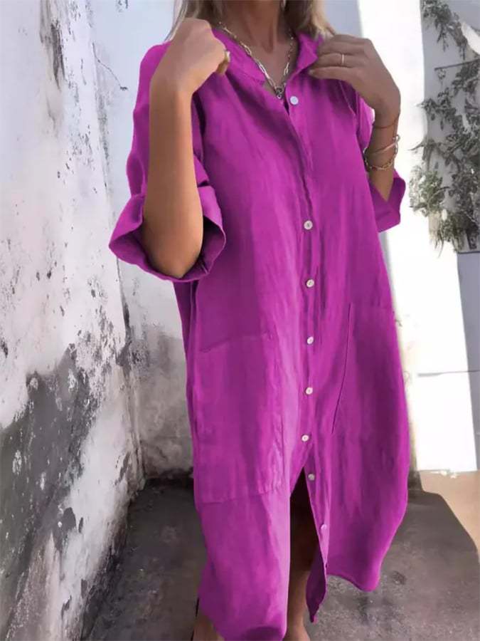 Women's Loose Casual Mid-Sleeve Cotton And Linen Shirt Dress