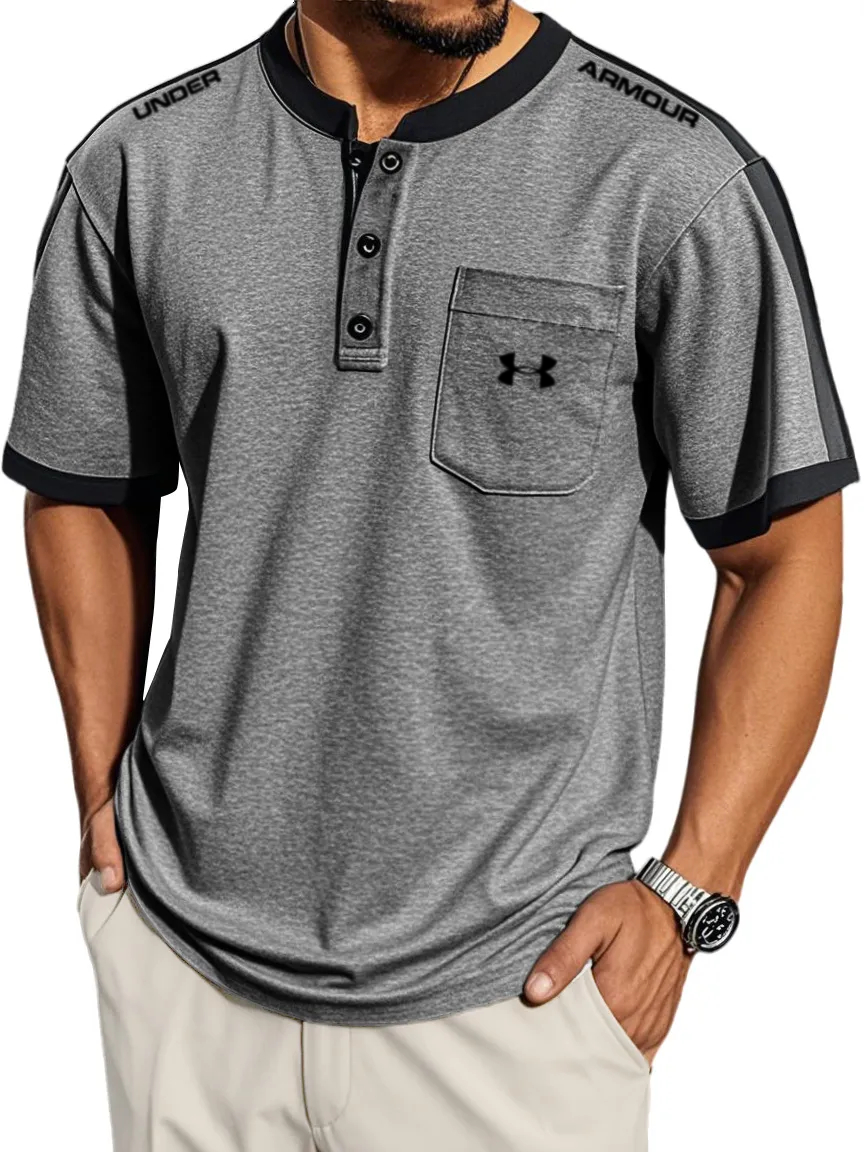 2025 Men's Retro Fashion Patchwork Pocket Short-sleeved Henley Shirt 