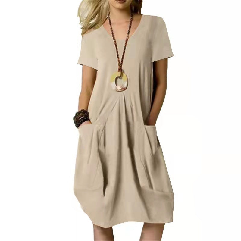 Fashion Round Neck Short Sleeve Pocket Loose Knee Length Women's Dresses