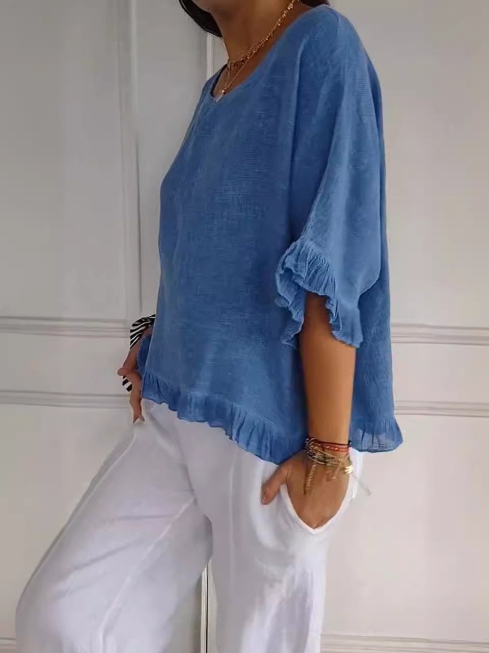 2025 New women's Round Neck Ruffled Hem Mid-sleeve Cotton and Linen Tops